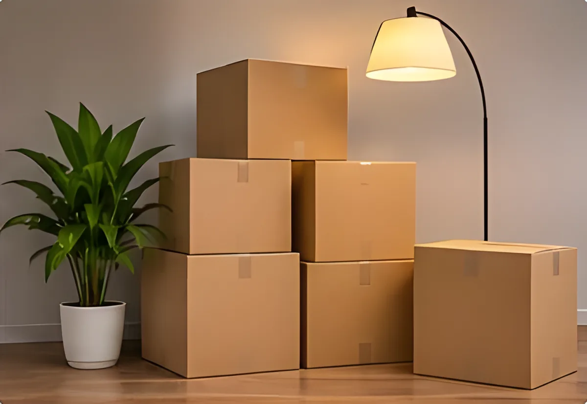 Cajas de cartón apiladas junto a una lámpara y una planta