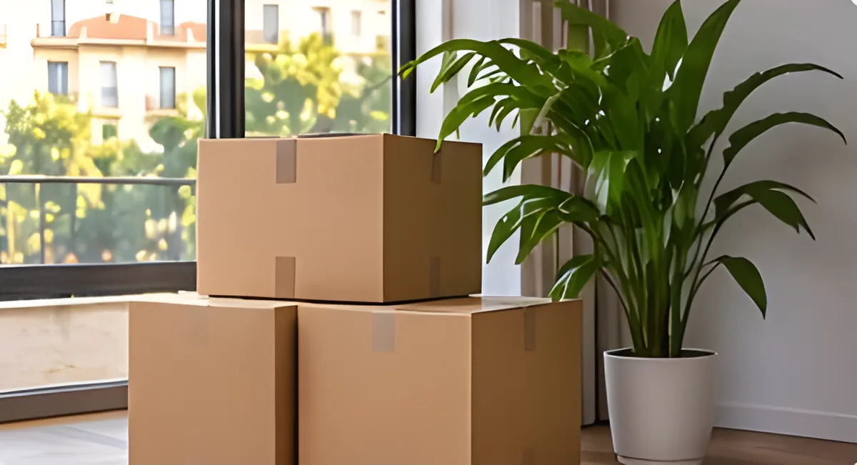 Cajas de mudanza junto a una planta y una ventana