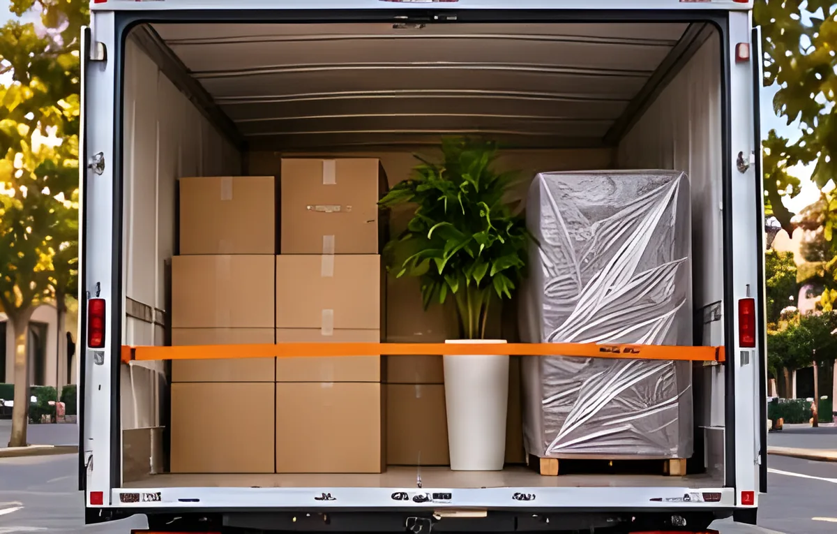 Camión cargado con cajas, una planta y un mueble embalado
