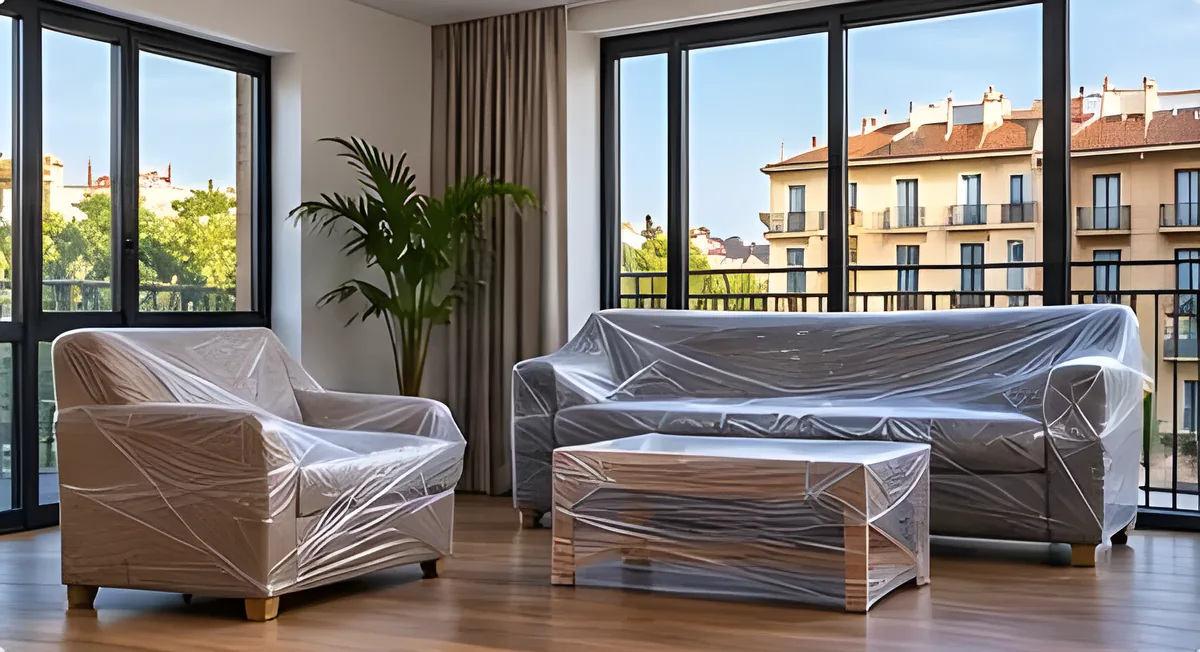 Salón con muebles protegidos con film antes de una mudanza